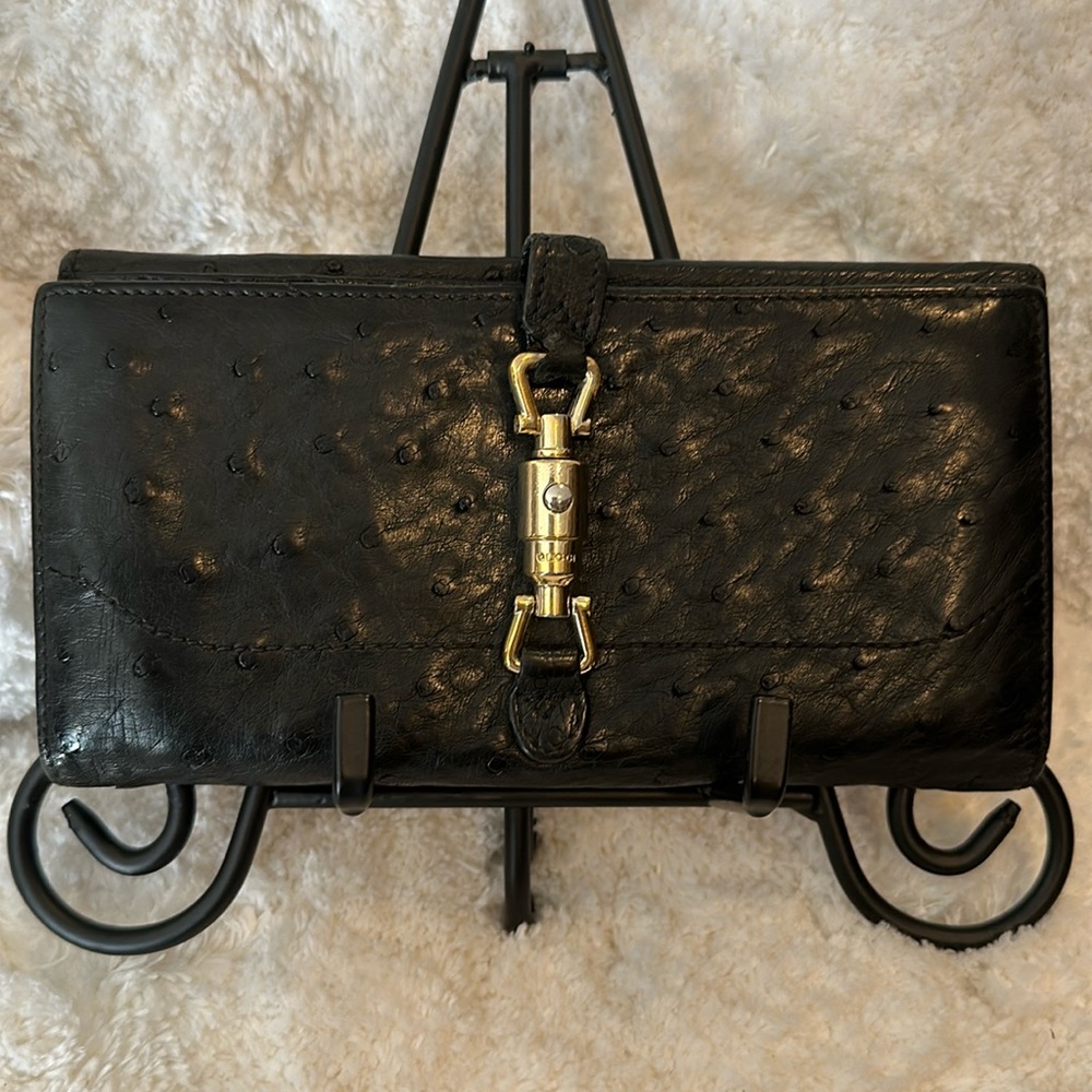 Gucci Jackie Ostrich Long Wallet w/ Gold Tone Piston Closure